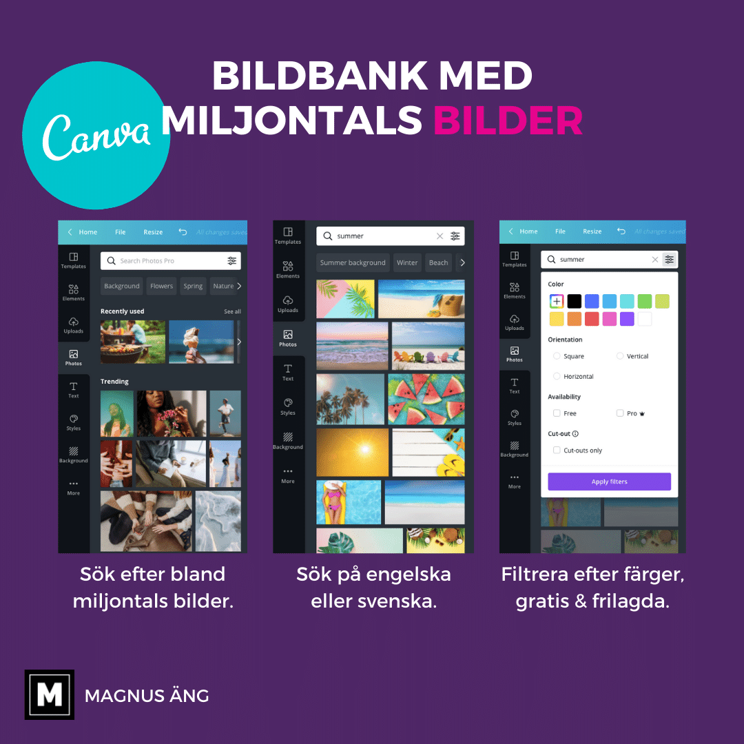 Canvas bildbank är gratis men betalar du får du fler bilder. Canva har miljontals foto i sin bildbank.