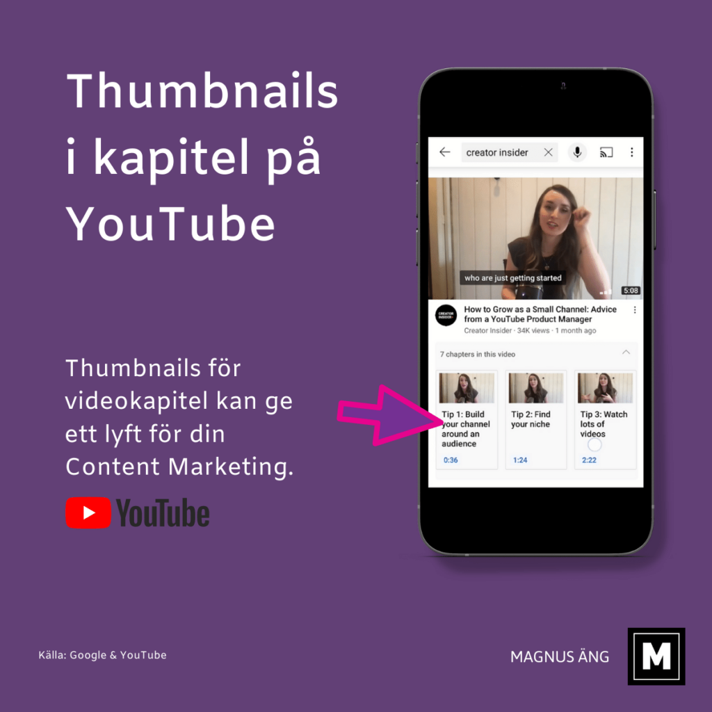 YouTube inför thumbnails för kapitel i videos för mobilbesökare, en spännande funktion för YouTube Creators och din Content Marketing.
